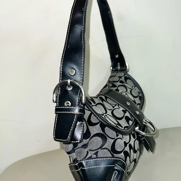 Coach Signature Black/Gray Flap Hobo Shoulder Bag - Picture 3 of 4